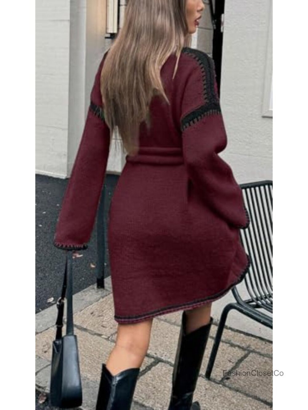 Contrast Trim Knit Sweater Dress with Belt Casual Loose - Picture 2 of 2